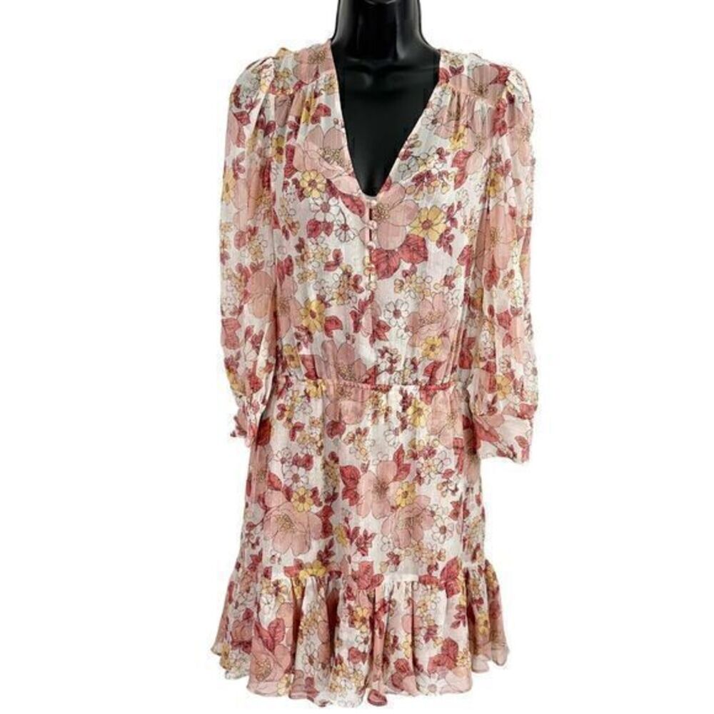 Veronica Beard Cybil‎ Floral Print Metallic Thread Silk Mini Dress Pink Size 4